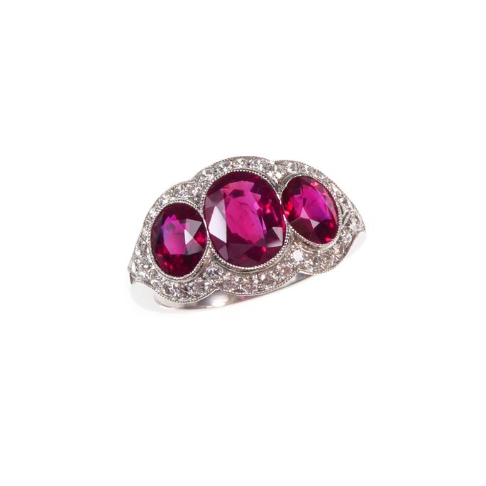 Three stone ruby and diamond line cluster ring | MasterArt